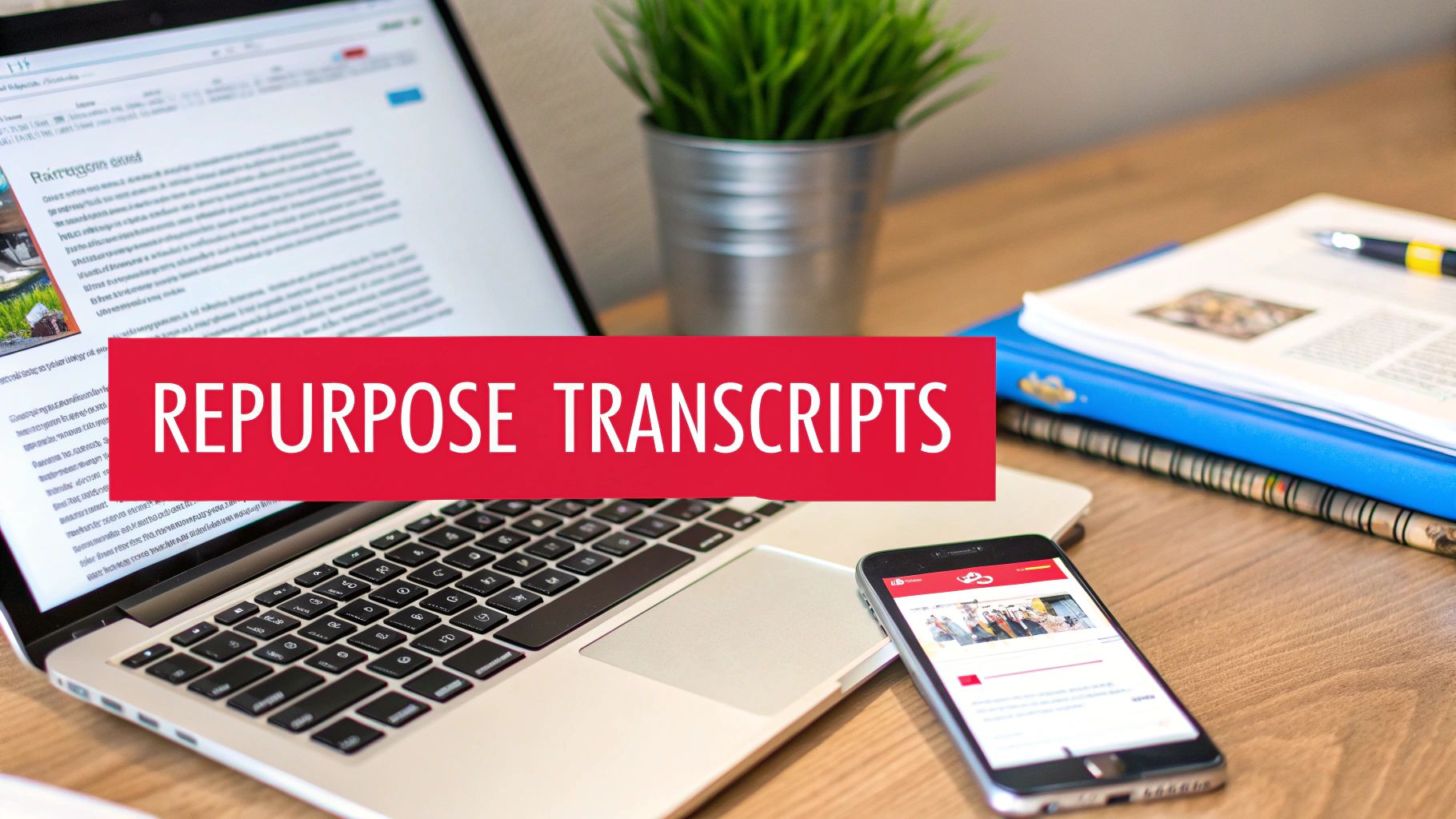 A desk with a laptop, smartphone, and notebooks, with a red banner stating 'REPURPOSE TRANSCRIPTS'.