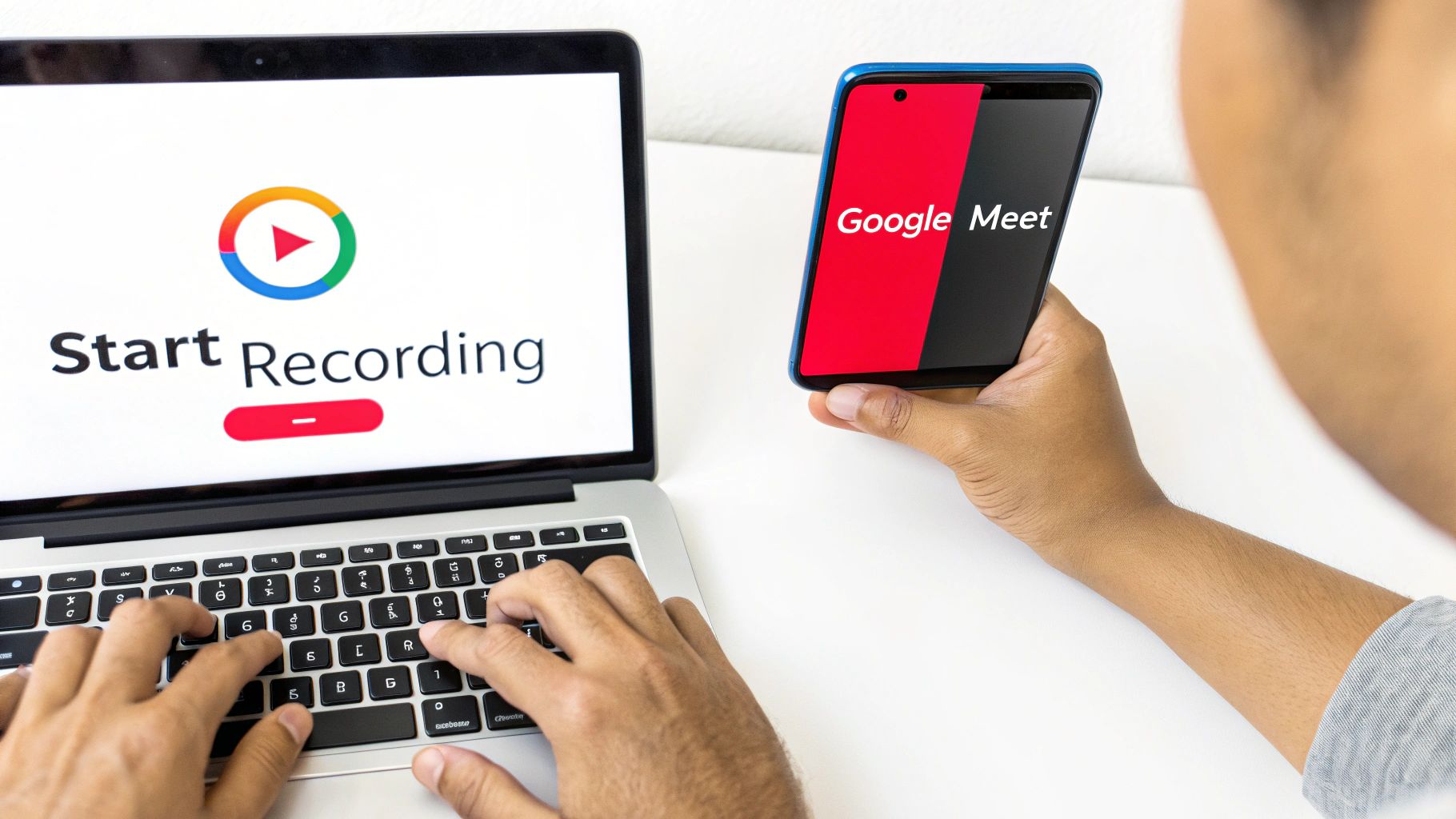 Person recording a Google Meet video conference on a laptop while holding a smartphone.