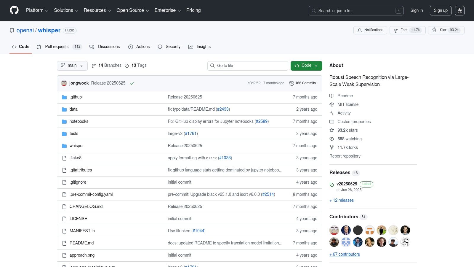 OpenAI Whisper's GitHub page showing its code repository and documentation.