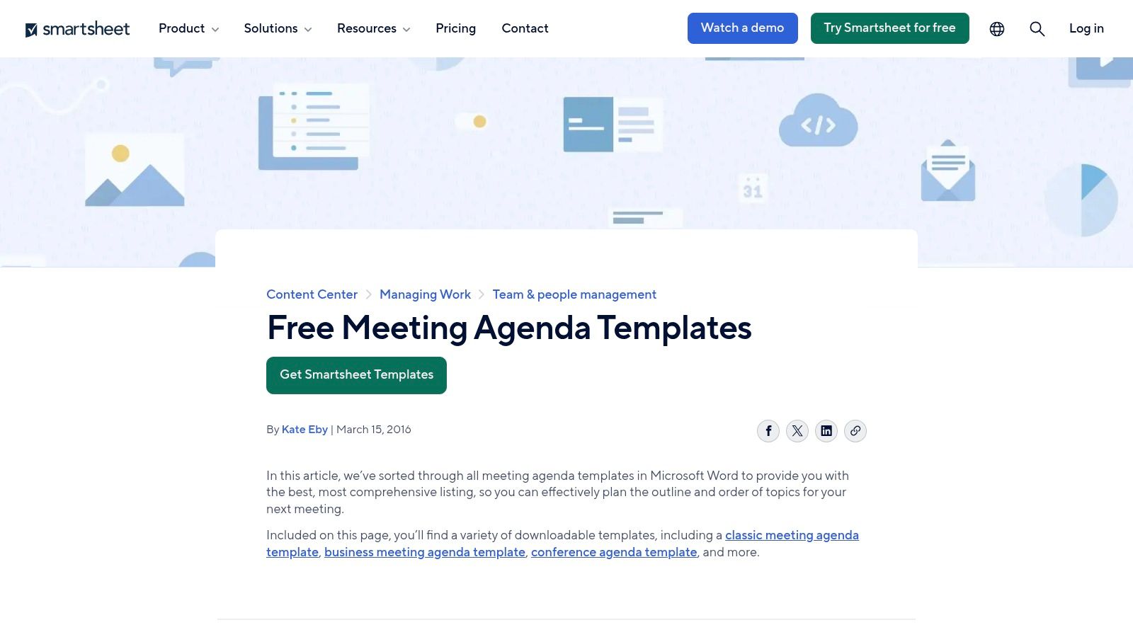 A screenshot of the Smartsheet website showing a selection of free meeting agenda templates for download in various formats like Word and Excel.
