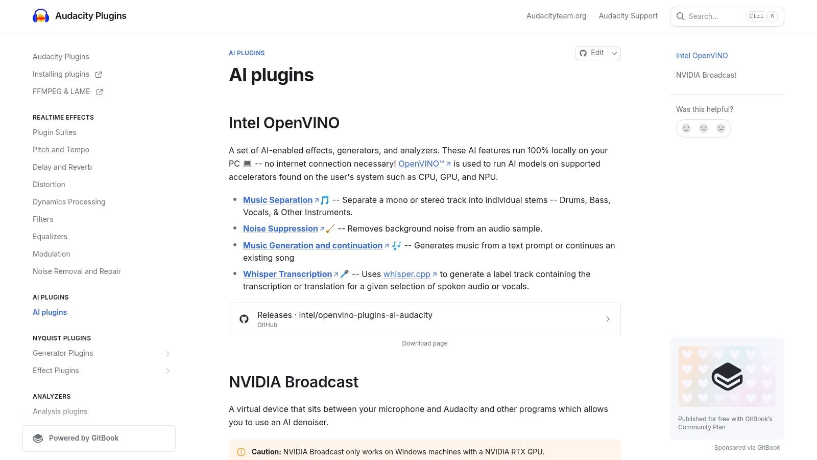 Audacity's interface showing the OpenVINO AI plugins, including transcription and noise suppression.