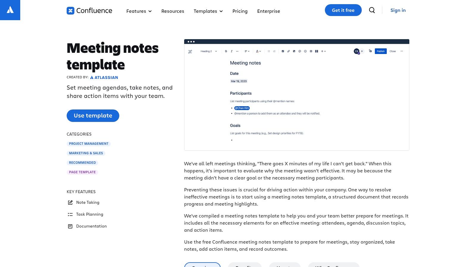 A meeting agenda template within the Atlassian Confluence interface, showing sections for participants, goals, and action items.